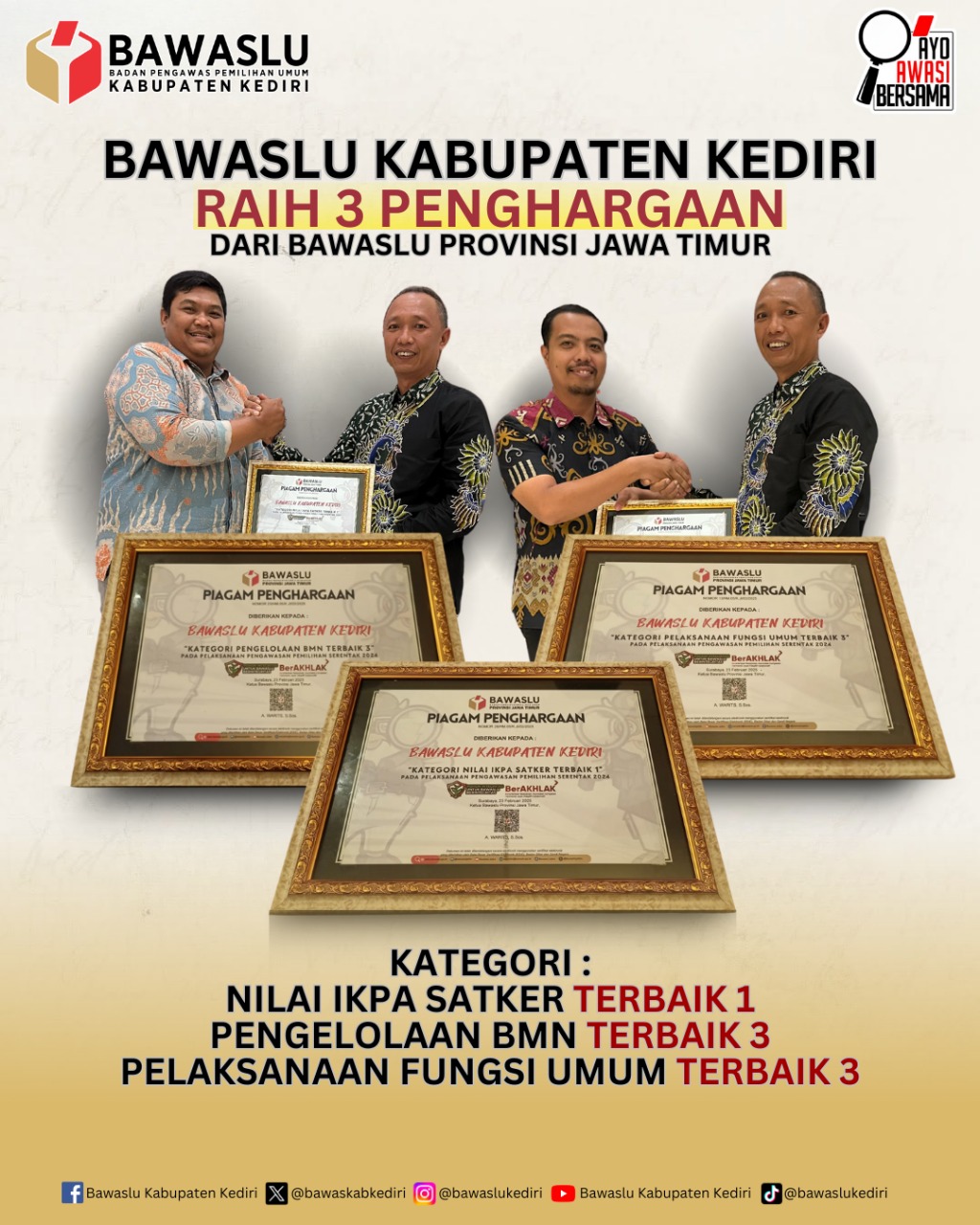 Bawaslu Kabupaten Kediri raih 3 Penghargaan