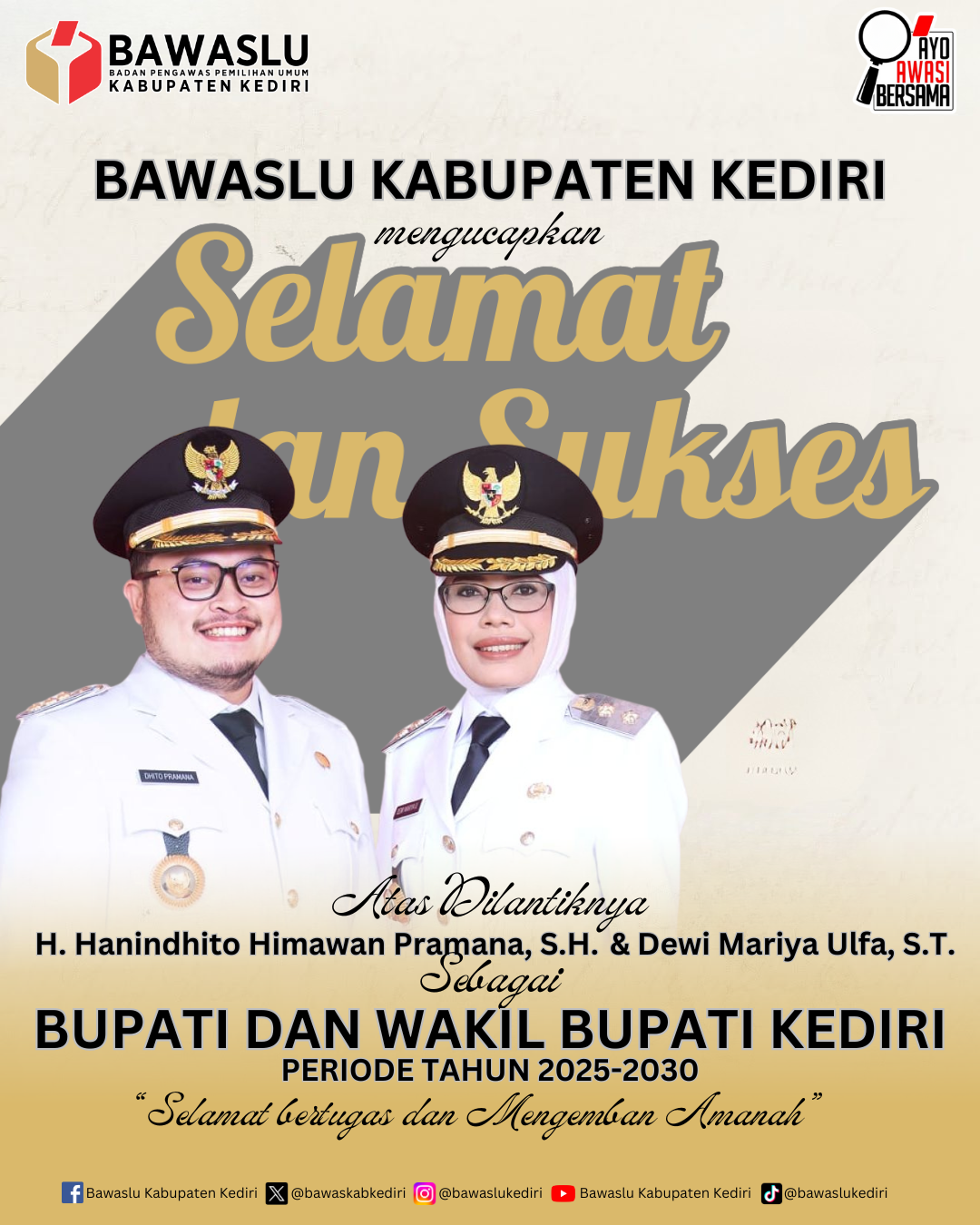 Ucapan selamat atas pelantikan Bupati dan Wakil Bupati Kediri 