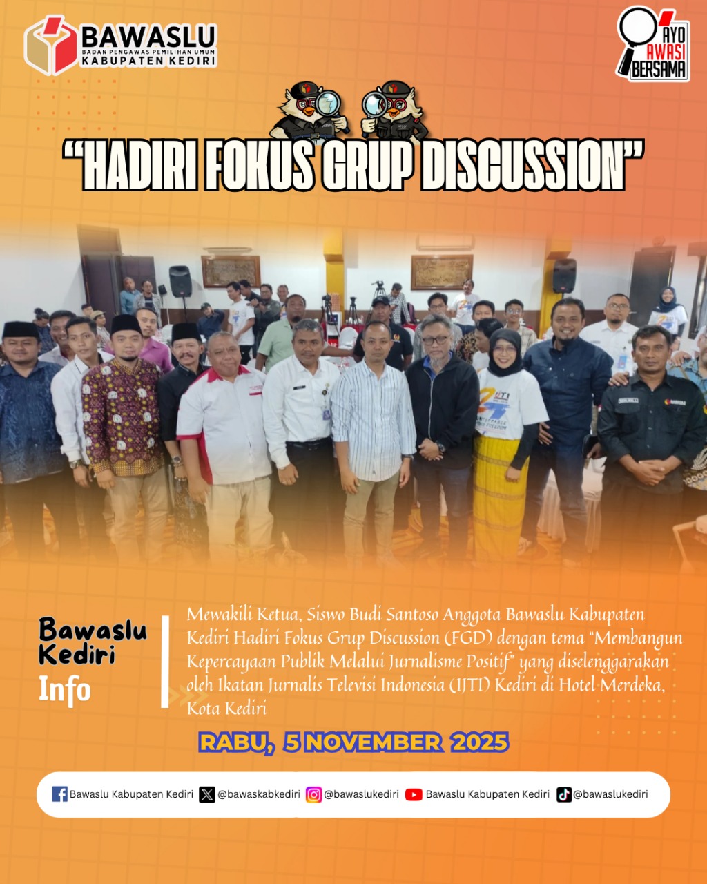Bawaslu Kabupaten Kediri Hadiri FGD yang diselengarakan oleh IJTI Kediri