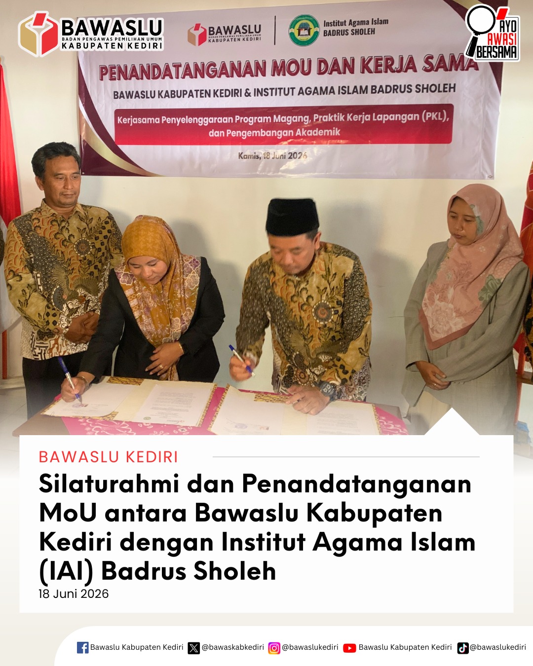 Penandatanganan MoU Bawaslu Kabupaten Kediri dengan IAI Badrus Soleh